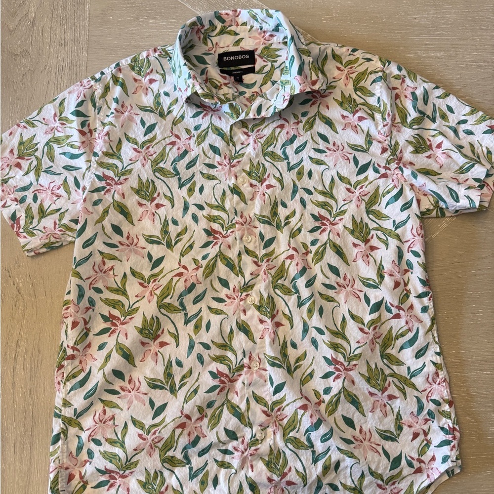 Bonobos Pink & Green Floral Short-Sleeve Button-Down Shirt M Standard Fit